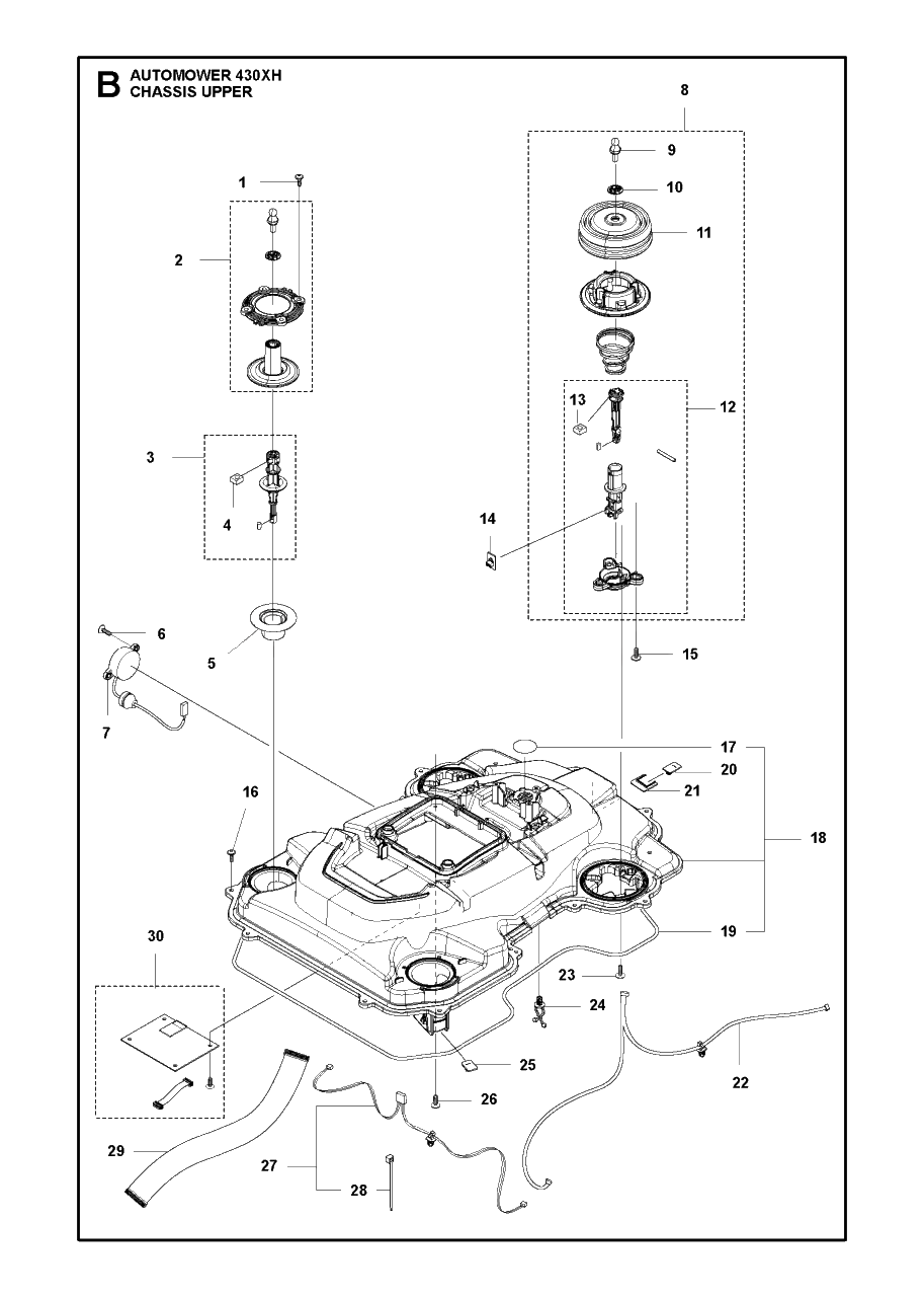 Chassis Upper Diagram and Parts List for 430XH 2020 Husqvarna Lawn Mower