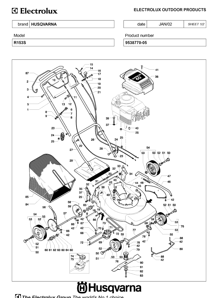 Product Complete Diagram and Parts List for ROYAL153 (953877005)(2002-02) Husqvarna Lawn Mower