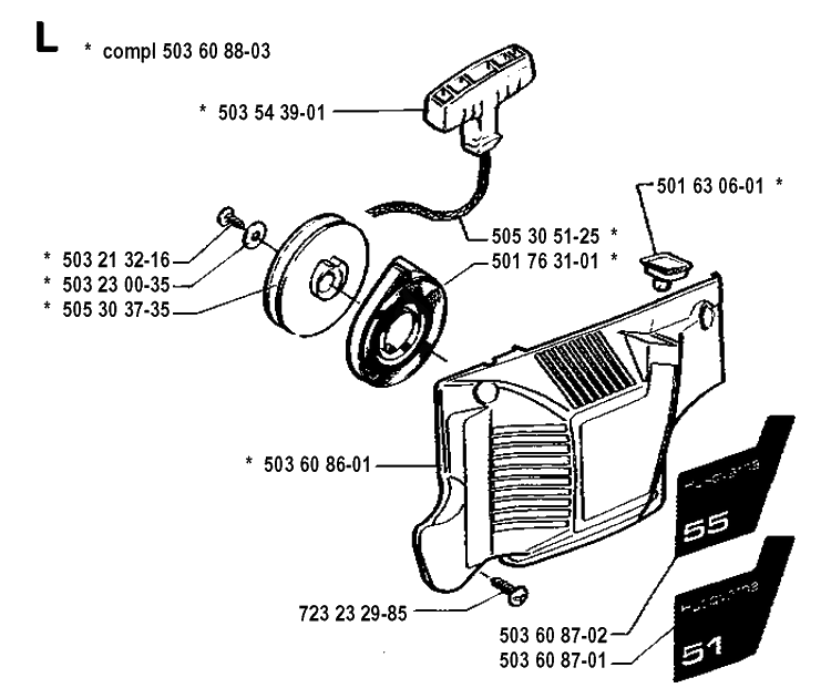 Starter Diagram and Parts List for 55 19900100001-19914000000 Husqvarna Chainsaw
