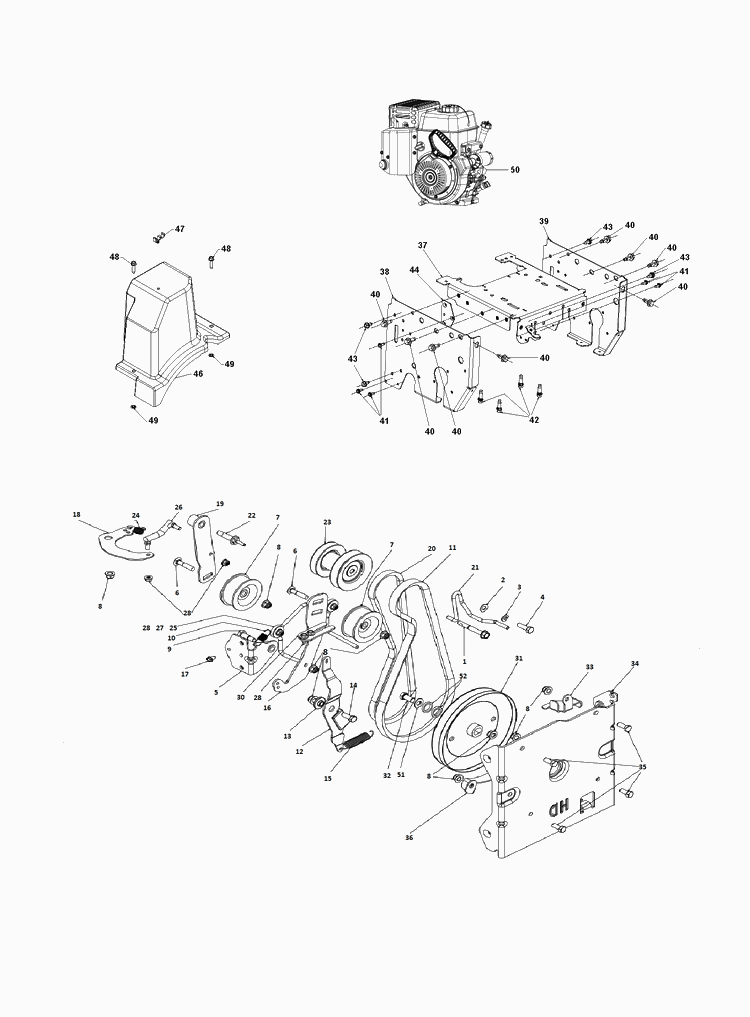 Chassis, Engine And Pulleys Diagram and Parts List for ST427  Husqvarna Snow Blower