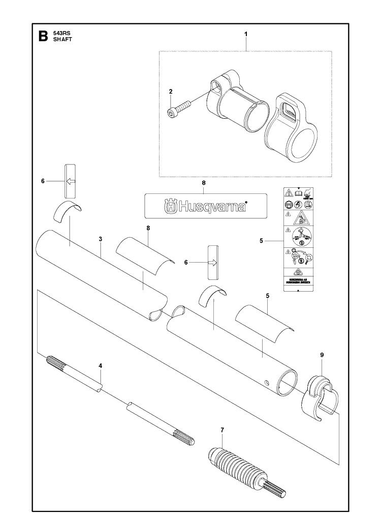 Shaft Diagram and Parts List for 543RS (967348201)(20154400001-20192200000) Husqvarna Brush Cutter