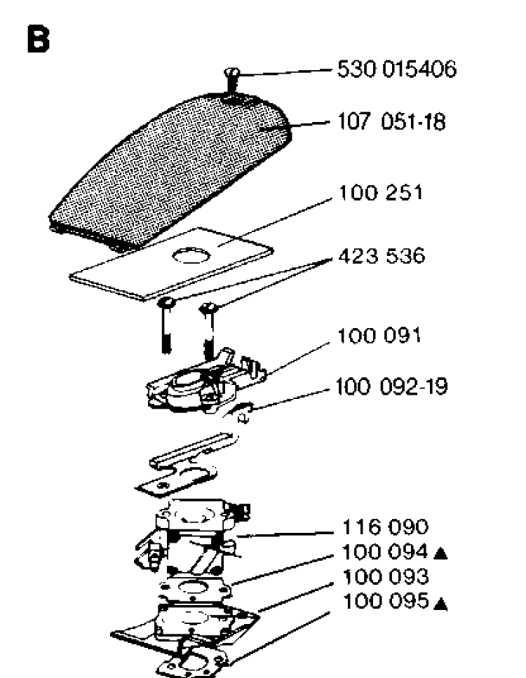 Carburetor And Air Filter Diagram and Parts List for 35 19900100001-19902200000 Husqvarna Chainsaw