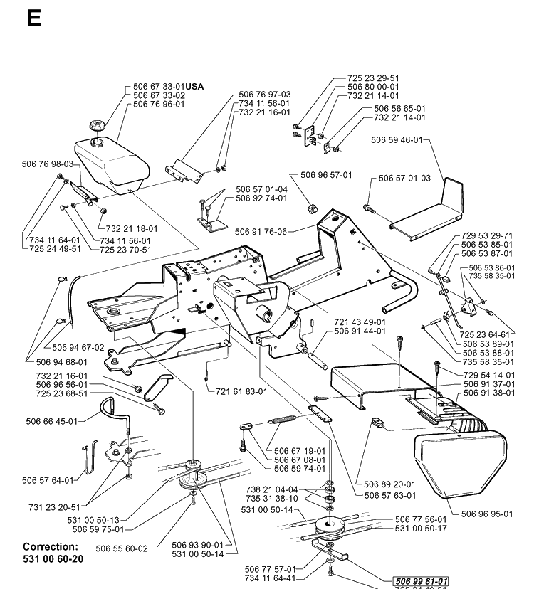 Chassis / Frame Diagram and Parts List for PR14 2000-02 Husqvarna Lawn Mower