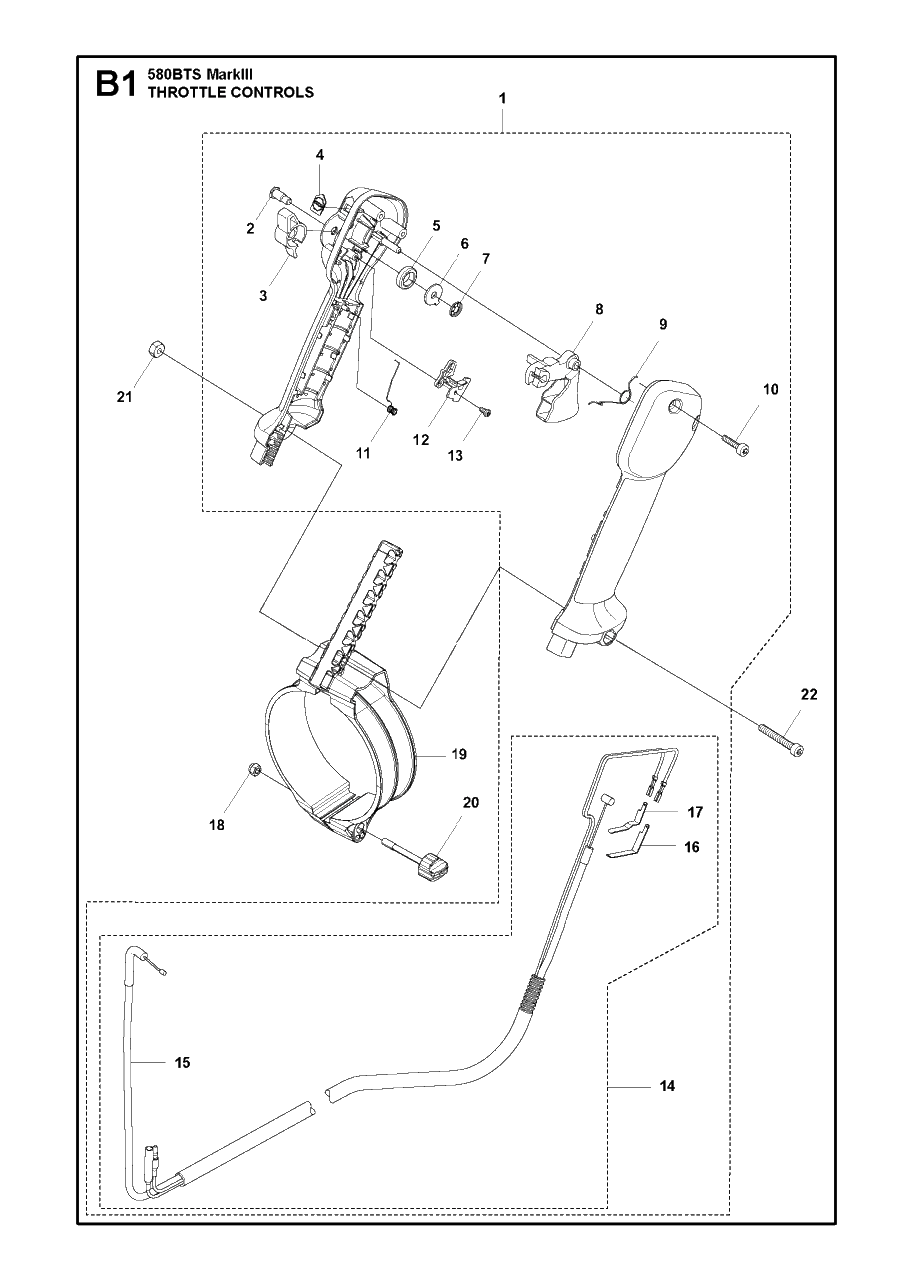 Throttle Controls 2 Diagram and Parts List for 580BFS-BTS Mark III Husqvarna Leaf Blower / Vacuum