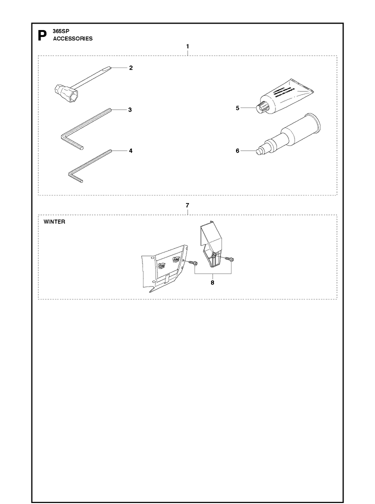 Accessories Diagram and Parts List for 365 20111900001-20135199999 Husqvarna Chainsaw