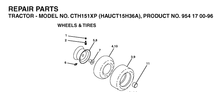 Wheels And Tires Diagram and Parts List for CTH151XP (HAUCT15H36A)(2004-01) Husqvarna Lawn Tractor