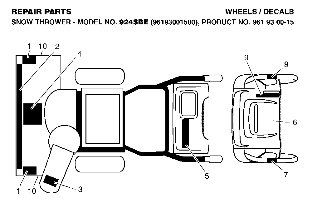 Decals Diagram and Parts List for 924SBE (96193001500, 961930015)(2006-08) Husqvarna Snow Blower