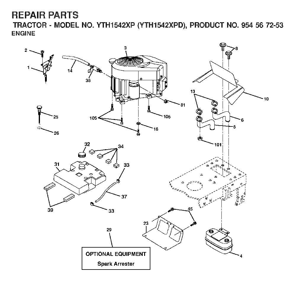 Engine Diagram and Parts List for YTH1542XPD (954567253)(2001-12) Husqvarna Lawn Tractor