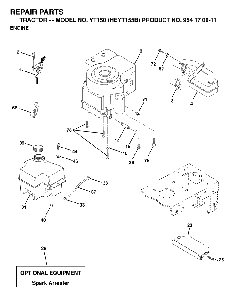 Engine And Cutting Equipment Diagram and Parts List for YT150 (HEYT155B)(1998-12) Husqvarna Lawn Tractor
