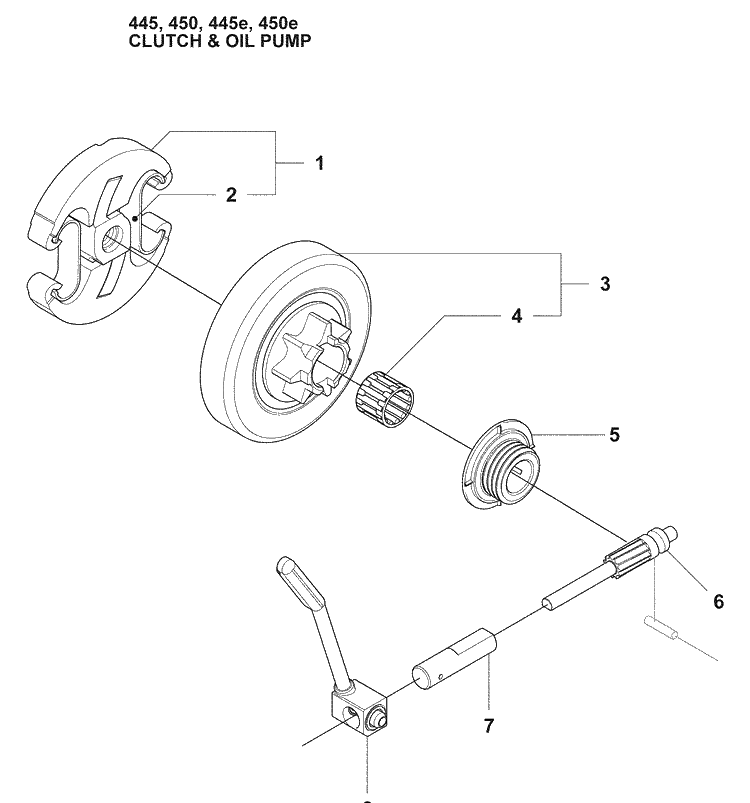 Clutch And Oil Pump Diagram and Parts List for 445E 2009-02 Husqvarna Chainsaw