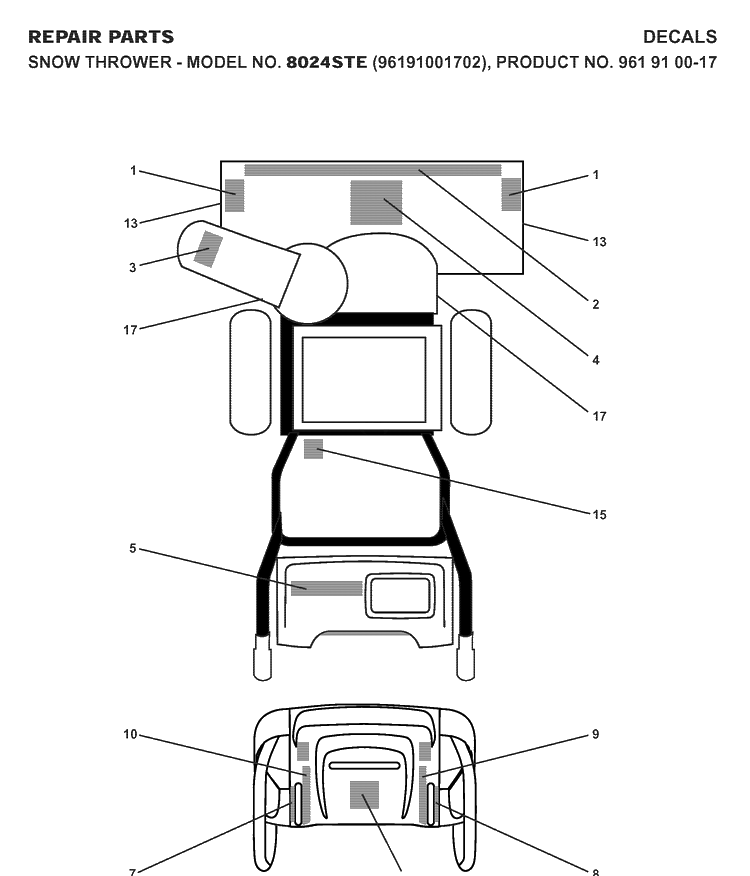 Decals Diagram and Parts List for 8024STE (96191001702)(2007-10) Husqvarna Snow Blower