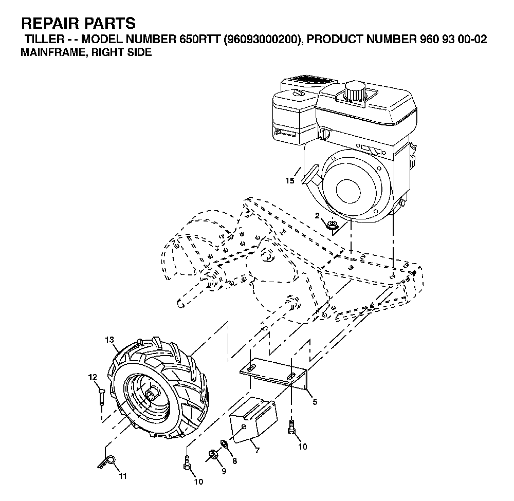 Mainframe, Right Side Diagram and Parts List for 650RTT (96093000200)(2005-08) Husqvarna Tiller