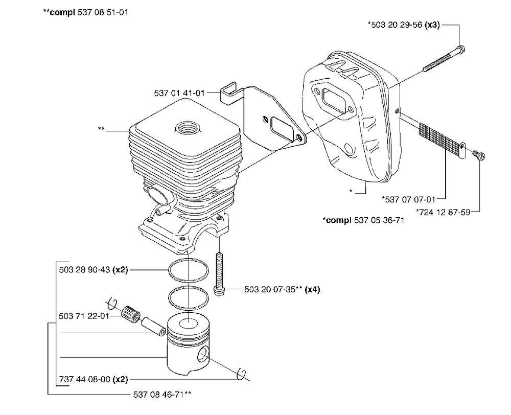 Piston / Cylinder / Muffler Diagram and Parts List for 326L 2002-02 Husqvarna Trimmer