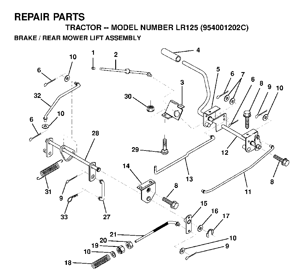 Brake / Rear Mower Lift Diagram and Parts List for LR125 (954001202C)(1995-03) Husqvarna Lawn Tractor