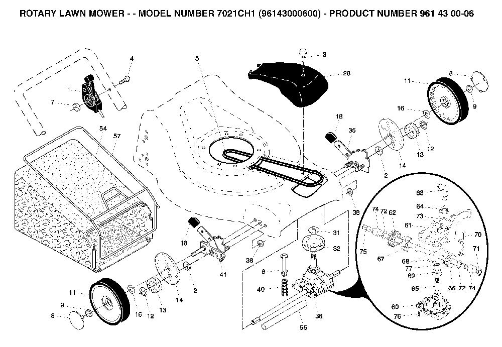 Repair Parts Diagram and Parts List for 7021CH1 (96143000600)(2004-10) Husqvarna Lawn Mower