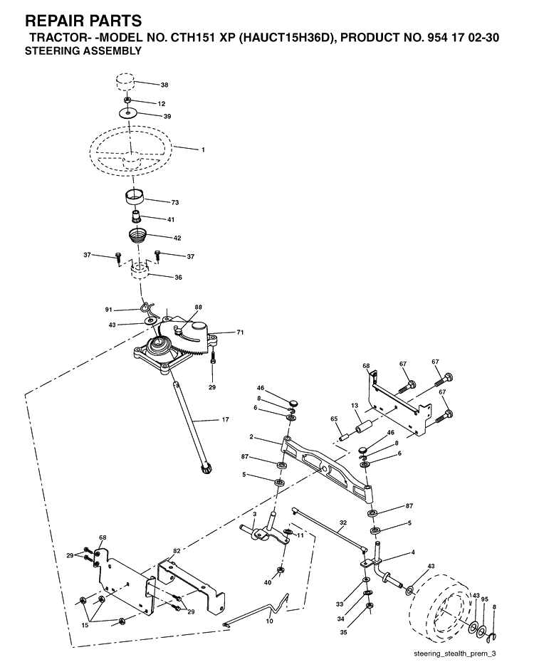 Steering Diagram and Parts List for CTH151XP (HAUCT15H36D)(2004-09) Husqvarna Lawn Tractor