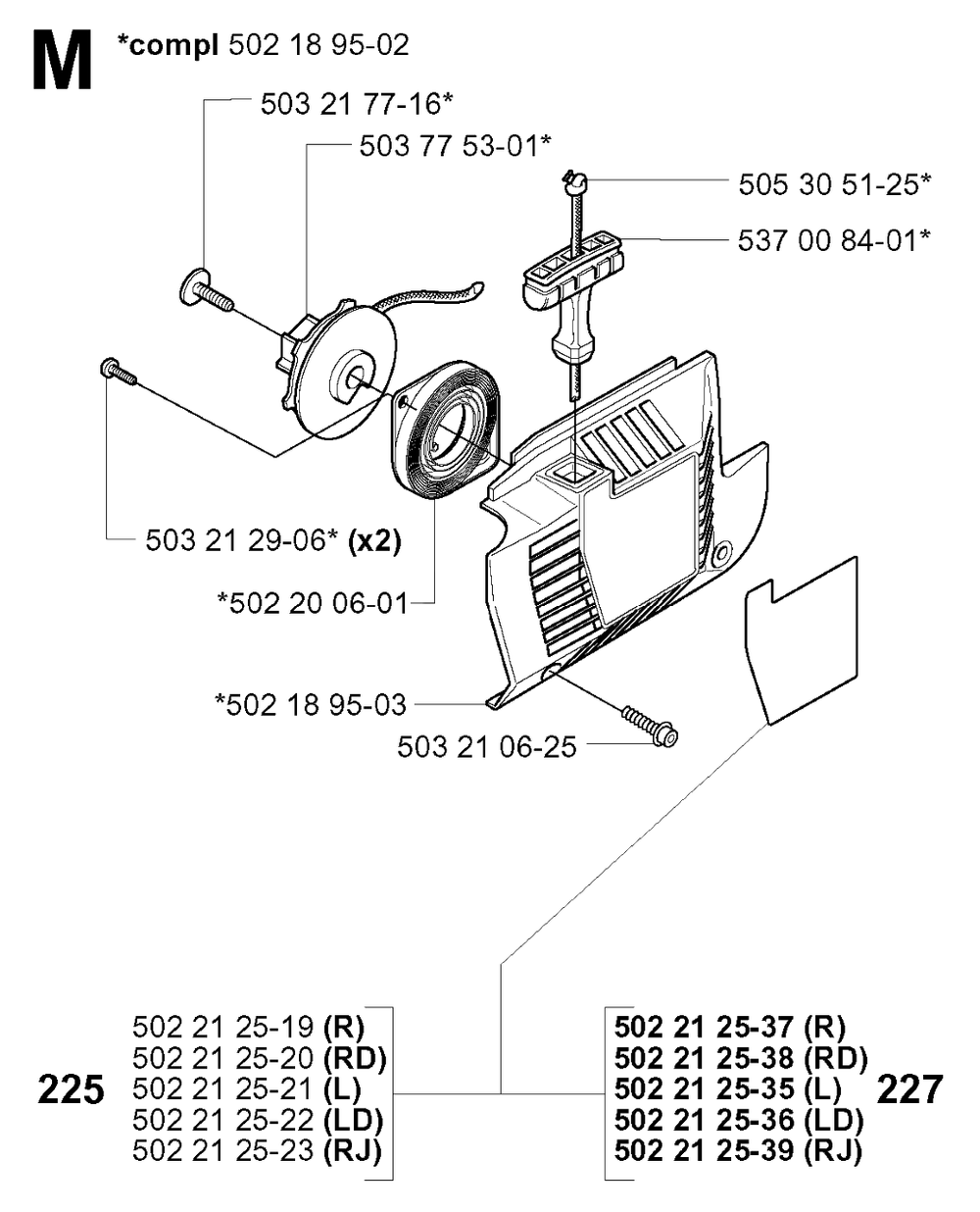 Starter Diagram and Parts List for 225RJ 20004000001 & Above Husqvarna Trimmer