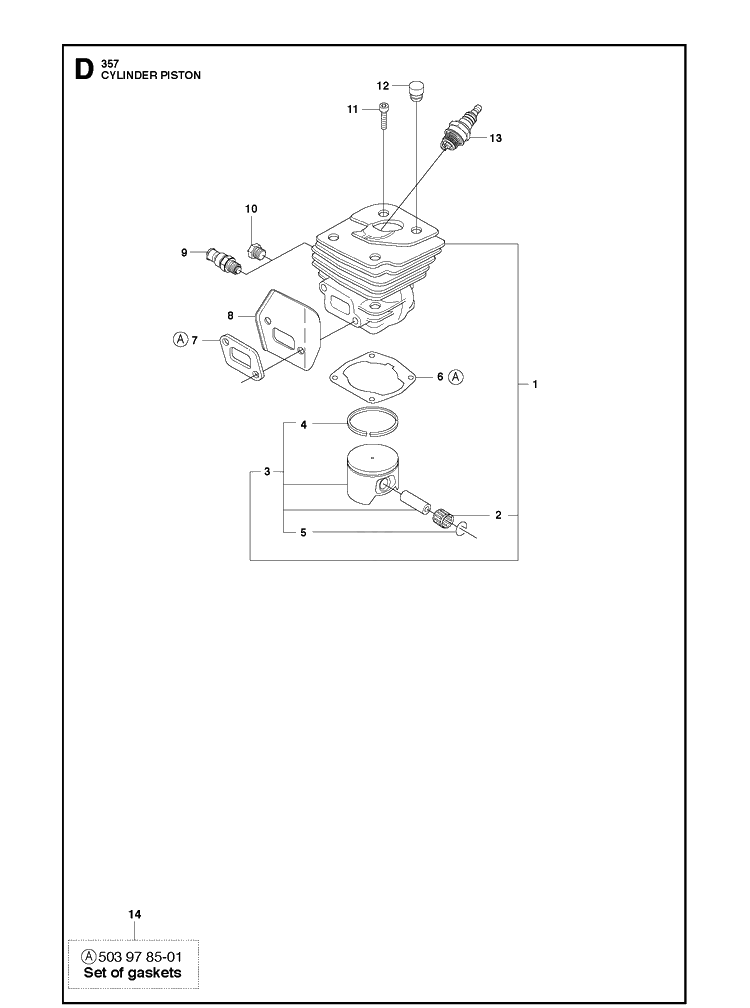 Cylinder Piston Diagram and Parts List for 357XP 20100600001-20111800000 Husqvarna Chainsaw
