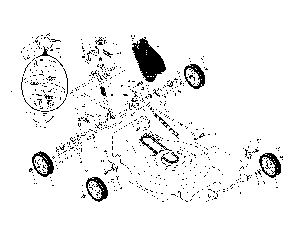 Drive control/gear case/wheels Diagram and Parts List for 96143006700  Husqvarna Lawn Mower