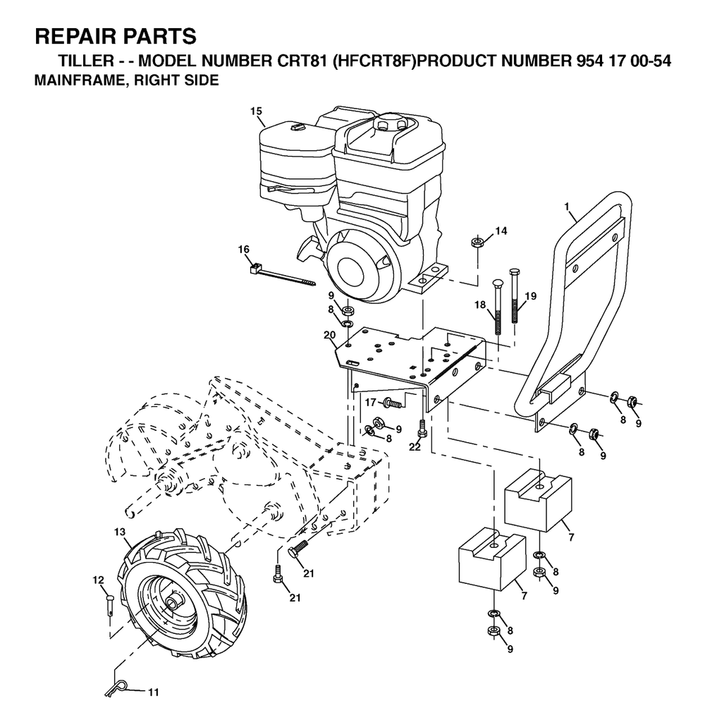 Mainframe, Right Side Diagram and Parts List for CRT81 (954170054-F)(2002-01) Husqvarna Tiller