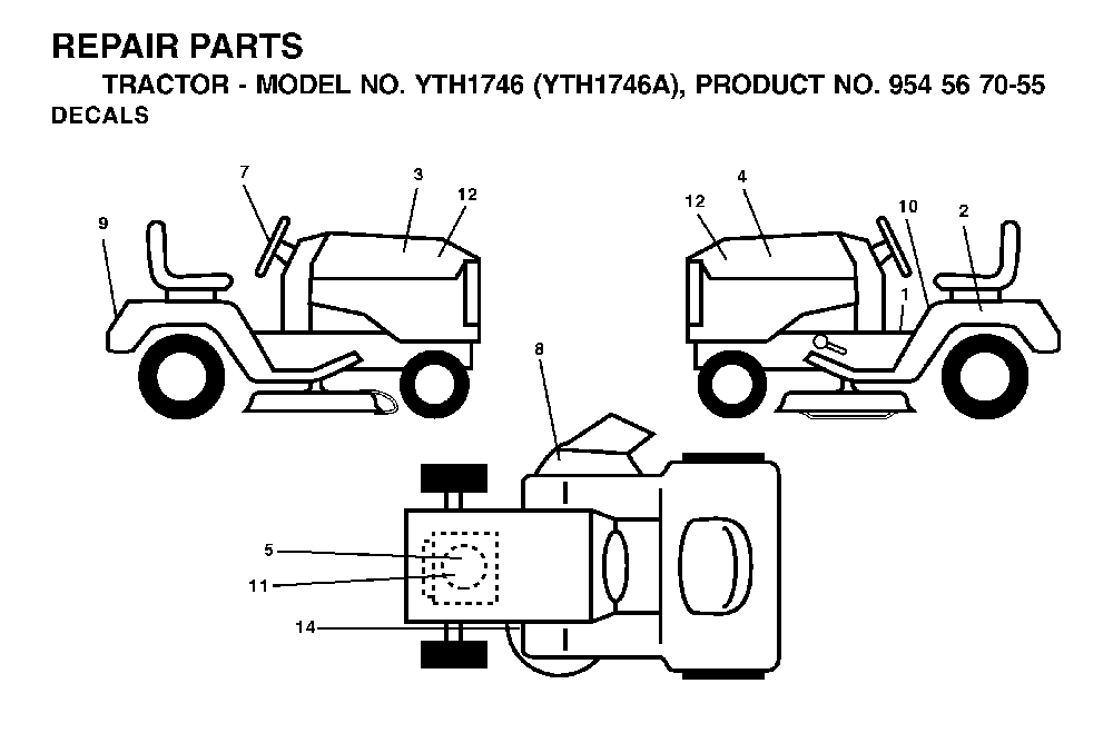 Decals Diagram and Parts List for YTH1746A (954567055)(2000-11) Husqvarna Lawn Tractor