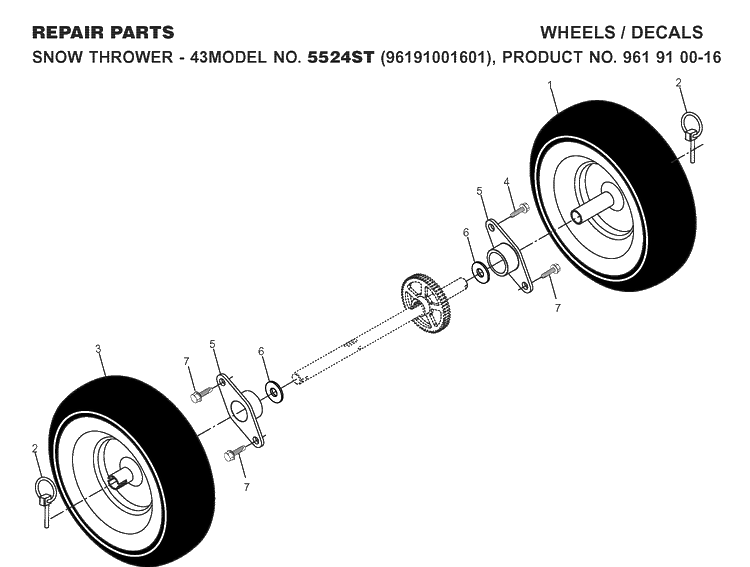 Wheels And Tires Diagram and Parts List for 5524ST (96191001601)(2007-10) Husqvarna Snow Blower