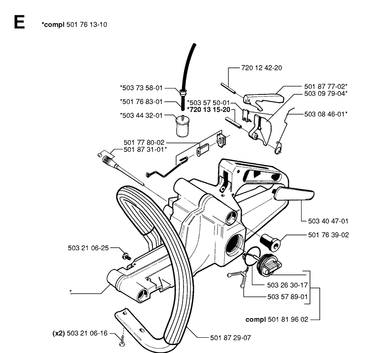 Fuel Tank And Handle Diagram and Parts List for 55 20001900001-Current Husqvarna Chainsaw
