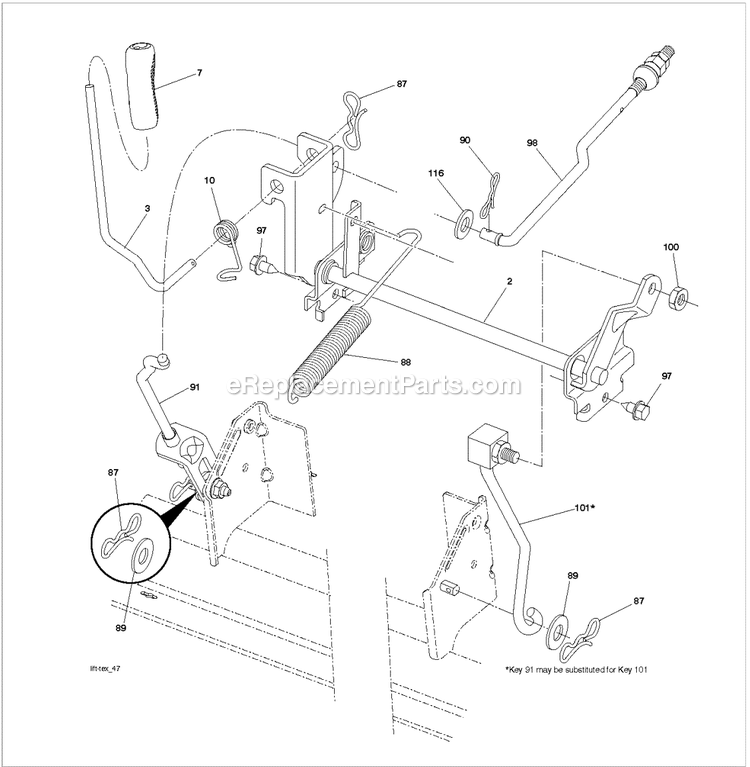 Mower Lift Lever Diagram and Parts List for TS142K  Husqvarna Lawn Tractor