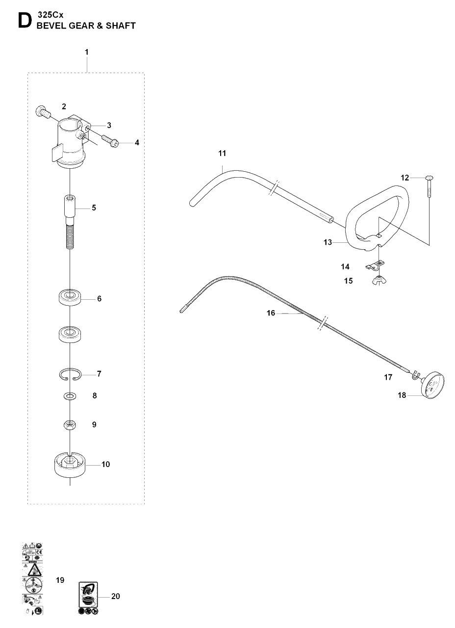 Bevel Gear And Shaft Diagram and Parts List for 325CX 20080900001 & Above Husqvarna Trimmer