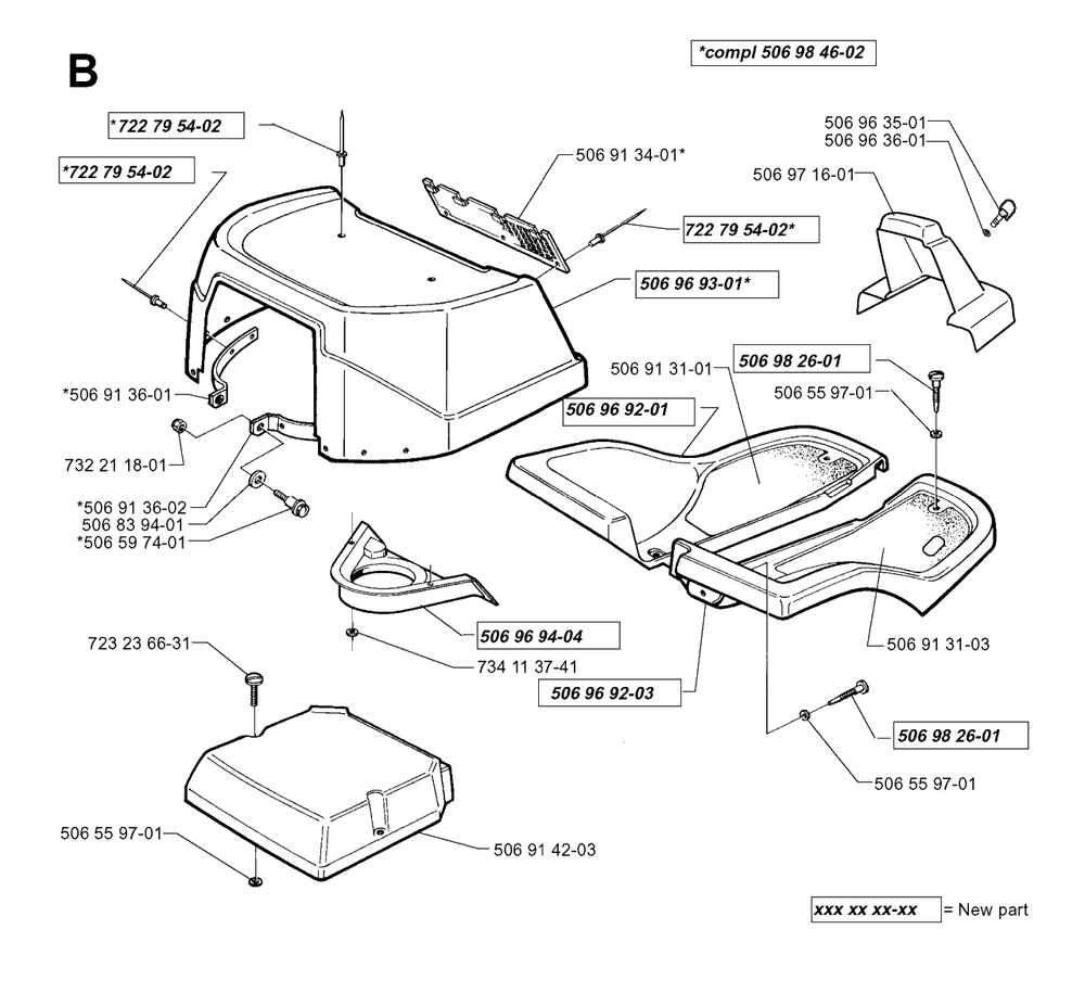 Hood Diagram and Parts List for R16H 1999-02 Husqvarna Lawn Tractor