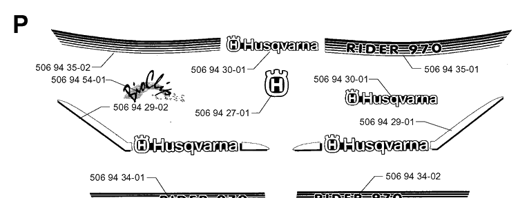 Decals Diagram and Parts List for RIDER970 1997-03 Husqvarna Lawn Mower