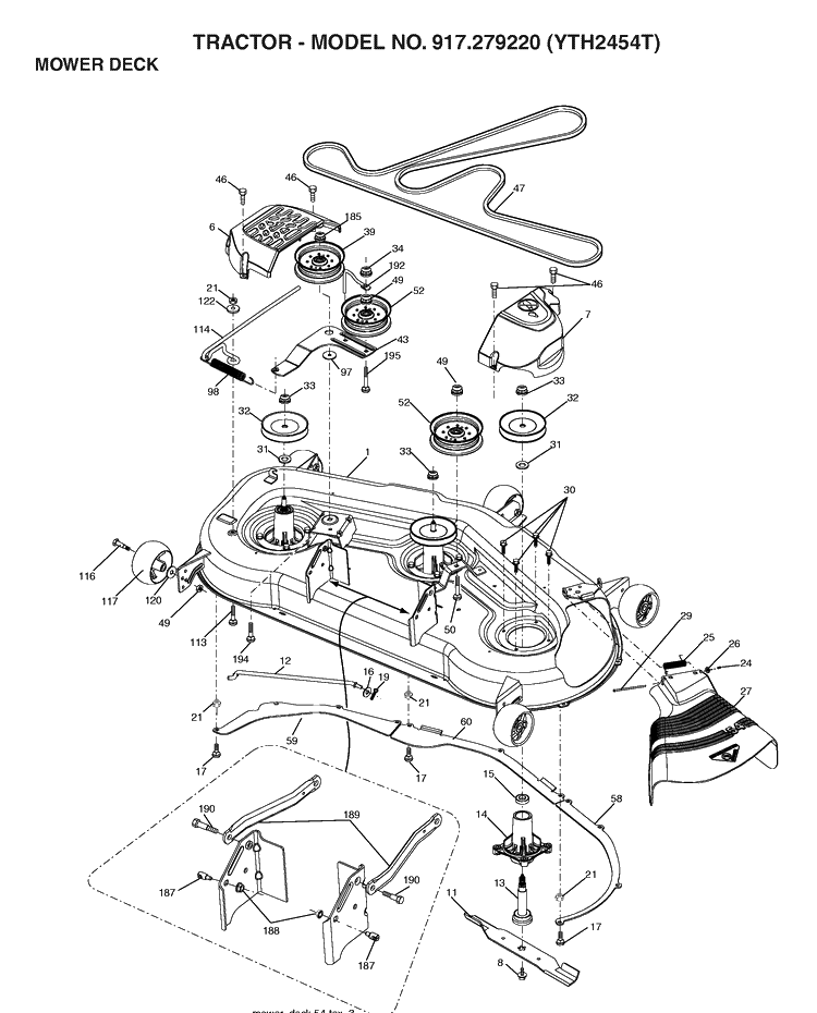 Mower Deck / Cutting Deck Diagram and Parts List for YTH2454T (917279220)(2006-01) Husqvarna Lawn Tractor