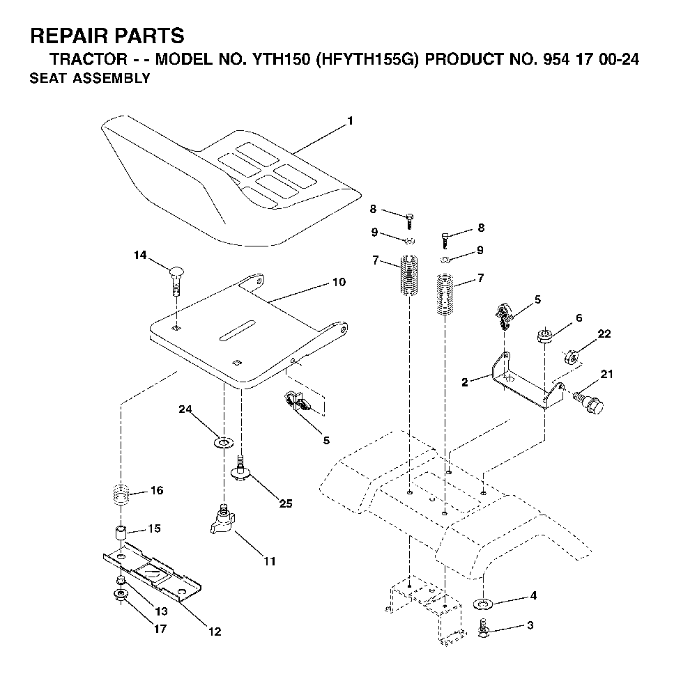 Seat Diagram and Parts List for YTH150 (HFYTH155G, 954170024)(2001-01) Husqvarna Lawn Tractor