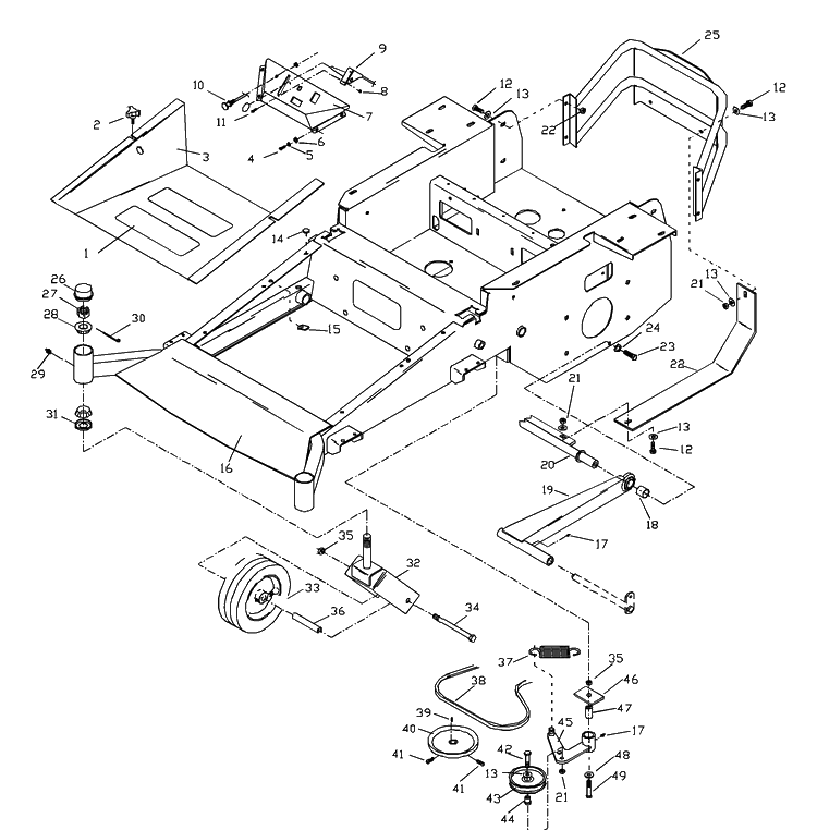 Main Frame Assembly Diagram and Parts List for ZTH5221KA 2000-09 Husqvarna Lawn Mower