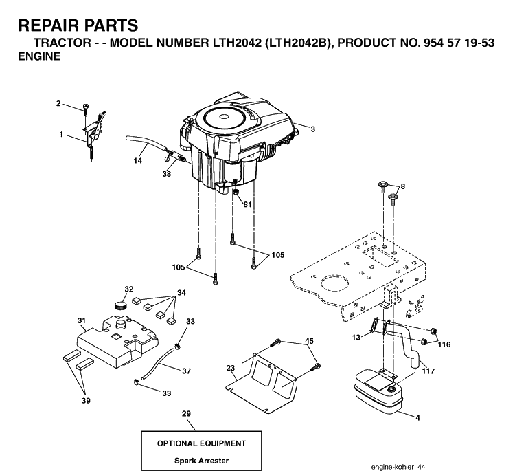 Engine Diagram and Parts List for LTH2042-LTH2042B 2004-01 Husqvarna Lawn Tractor