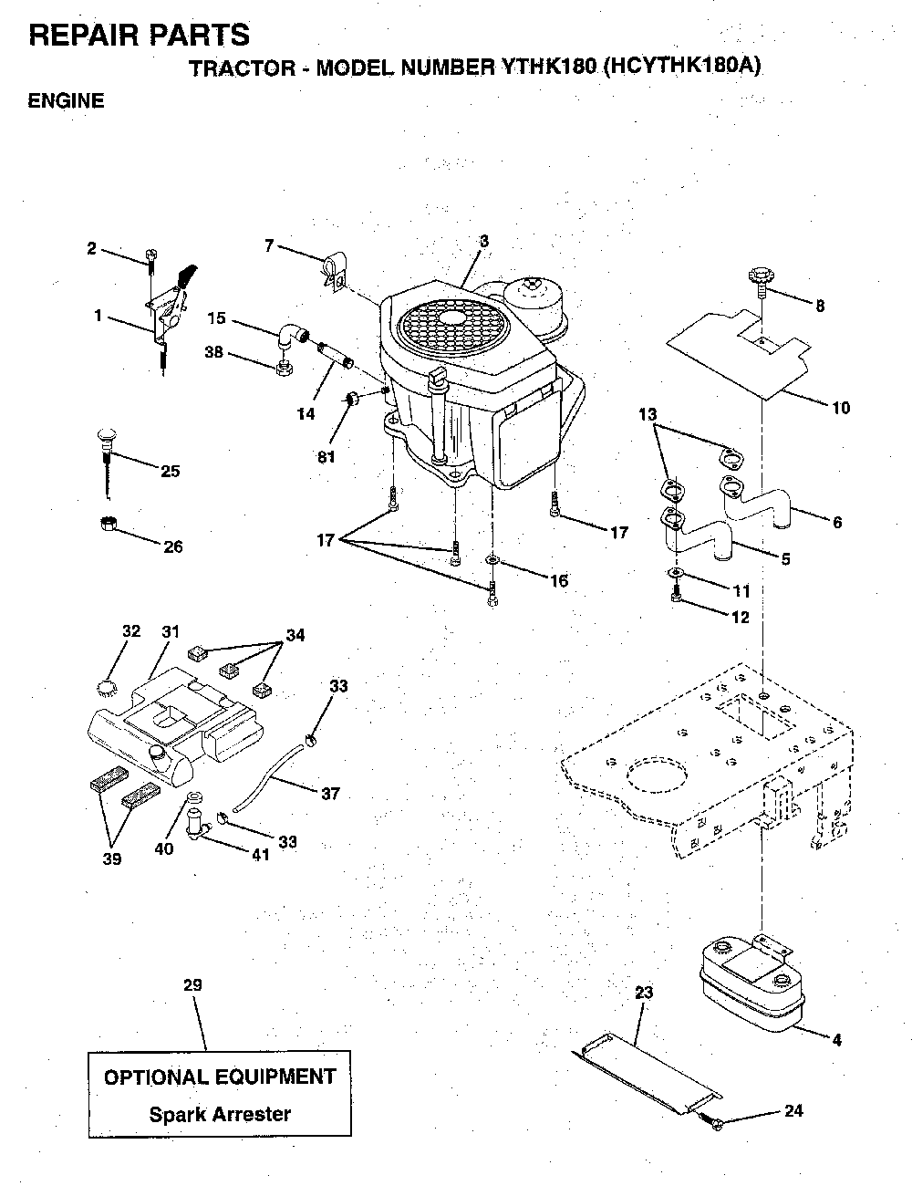 Engine Diagram and Parts List for YTHK180 (HCYTHK180A)(1996-01) Husqvarna Lawn Tractor