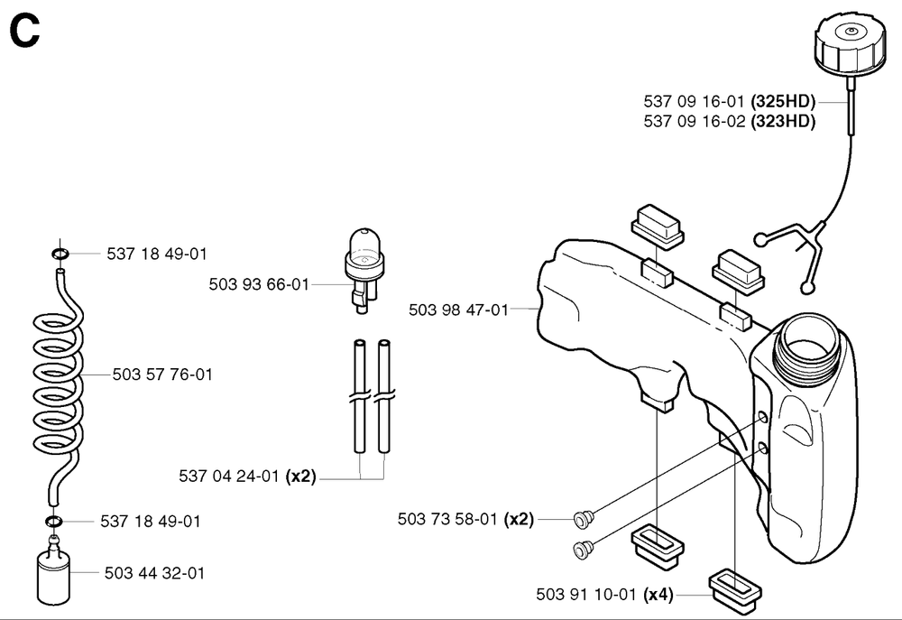 Fuel Tank Diagram and Parts List for 325HD60X 20022200001 - 20062300000 Husqvarna Hedge Trimmer
