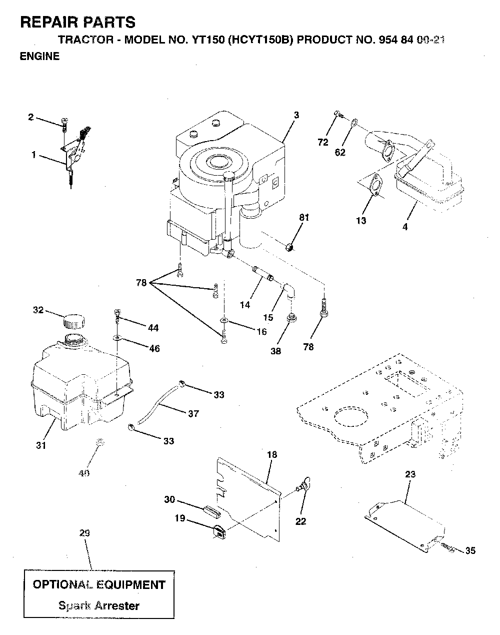 Engine Diagram and Parts List for YT150 (HCYT150B, 954840021)(1996-04) Husqvarna Lawn Tractor