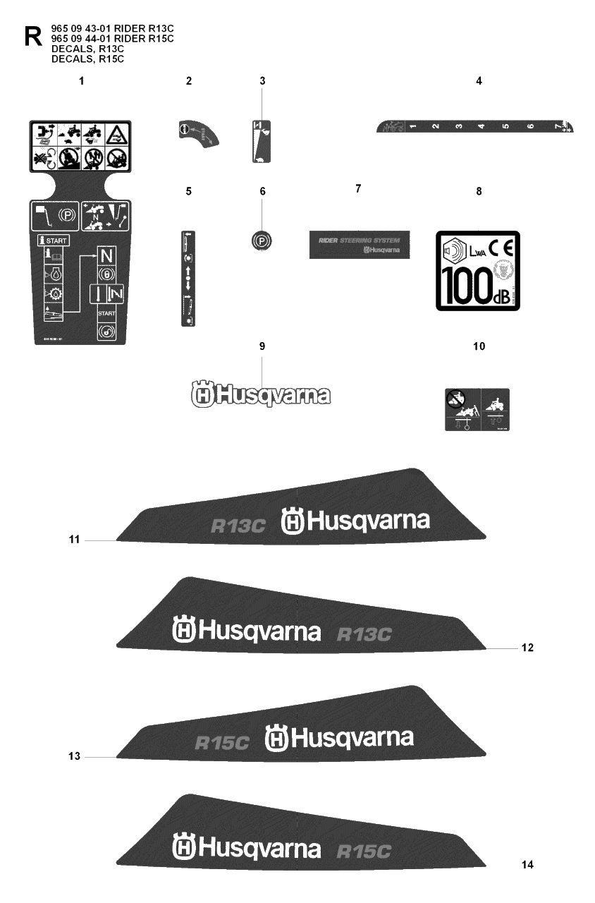 Decals Diagram and Parts List for R13C (965094301)(2007-01) Husqvarna Lawn Tractor