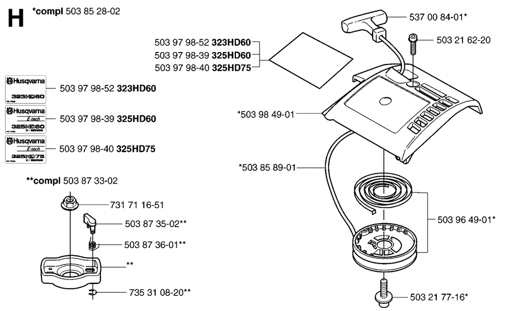 Starter Diagram and Parts List for 325HD60X 20022200001 - 20062300000 Husqvarna Hedge Trimmer