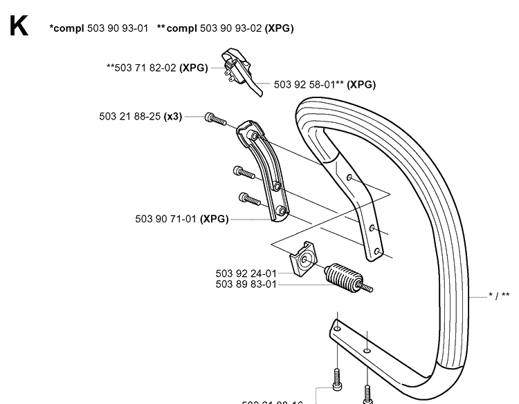 Handle Diagram and Parts List for 351 20012200001-Current Husqvarna Chainsaw