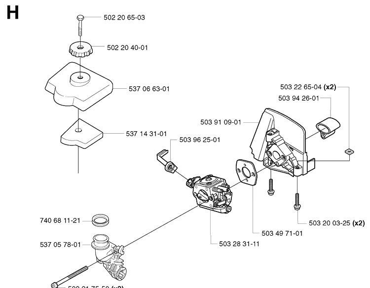 Carburetor And Air Filter Diagram and Parts List for 326C 20020500001-20023100000 Husqvarna Edger