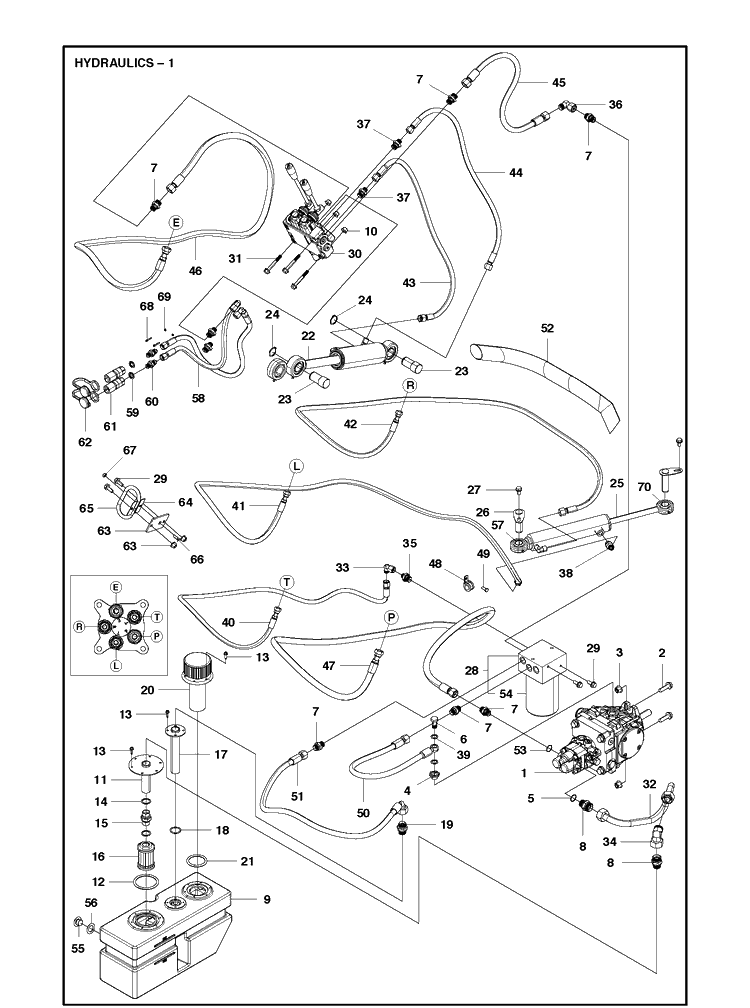 Hydraulics Diagram and Parts List for P525D (967848001)(2019) Husqvarna Lawn Mower