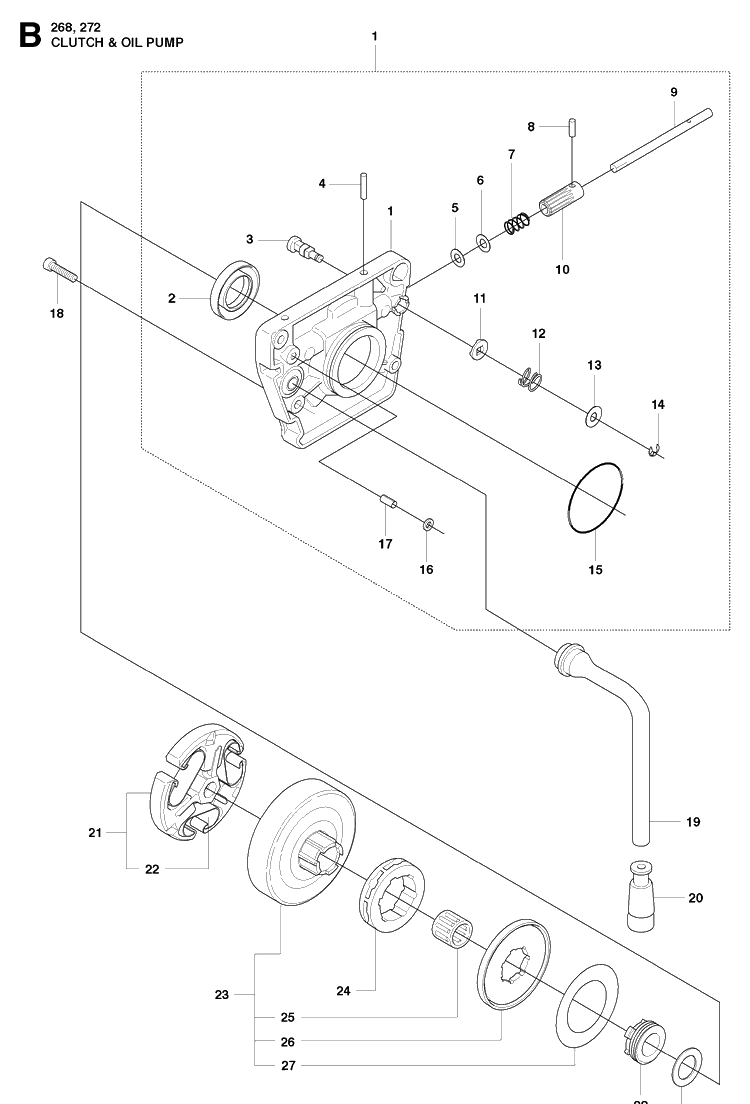 Clutch And Oil Pump Diagram and Parts List for 272XP 20091400001-20163200000 Husqvarna Chainsaw