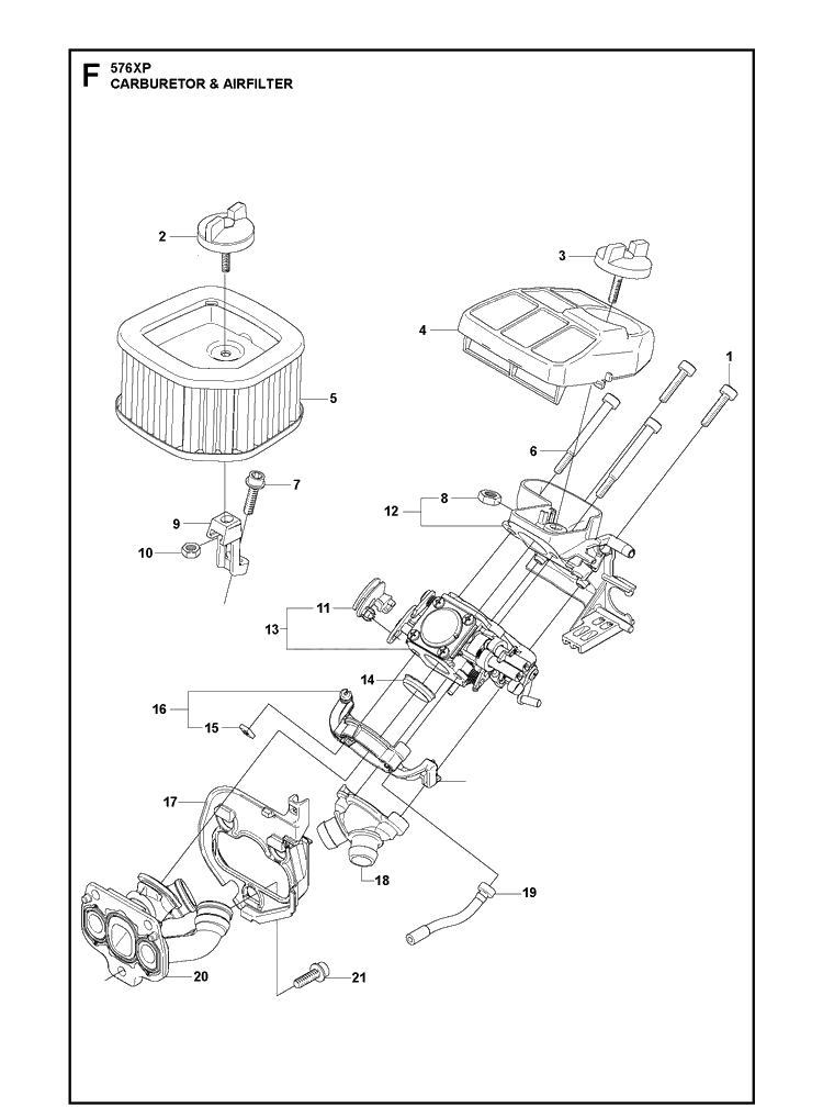 Carburetor And Air Filter Diagram and Parts List for 576XP-576XPEPA 20100100001-20110100000 Husqvarna Chainsaw