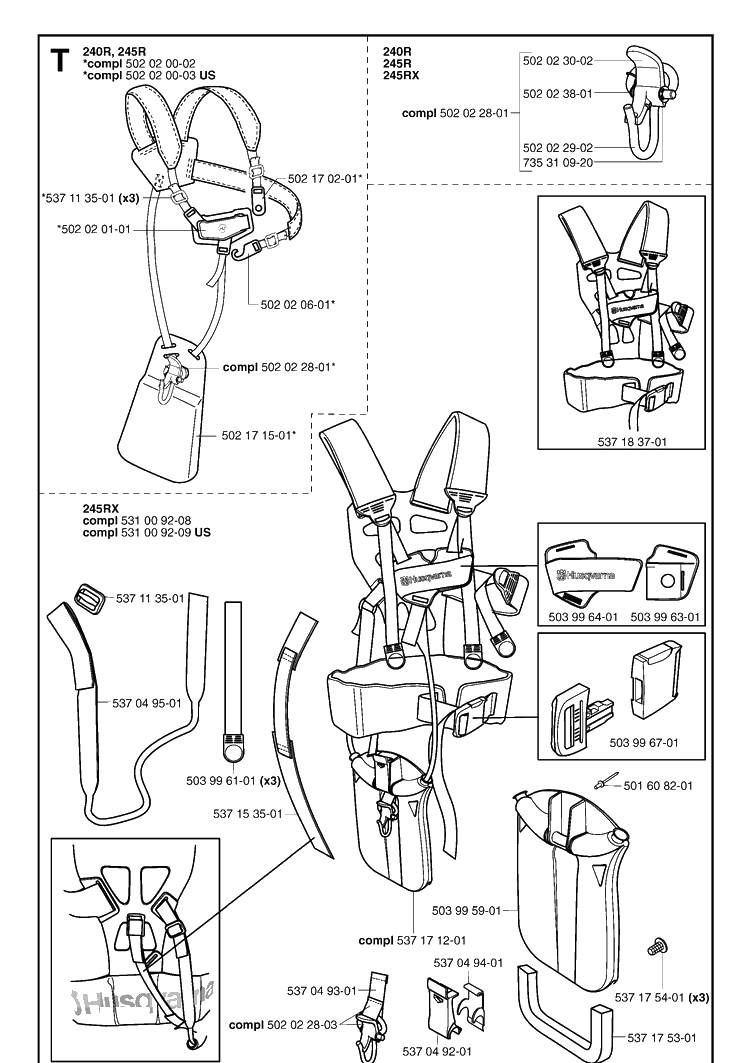 Harness Diagram and Parts List for 245R 20023100001-Current Husqvarna Brush Cutter