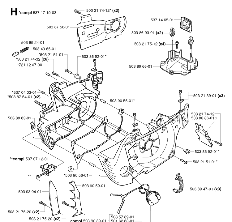 Crankcase Diagram and Parts List for 353 20023500001-20041000000 Husqvarna Chainsaw