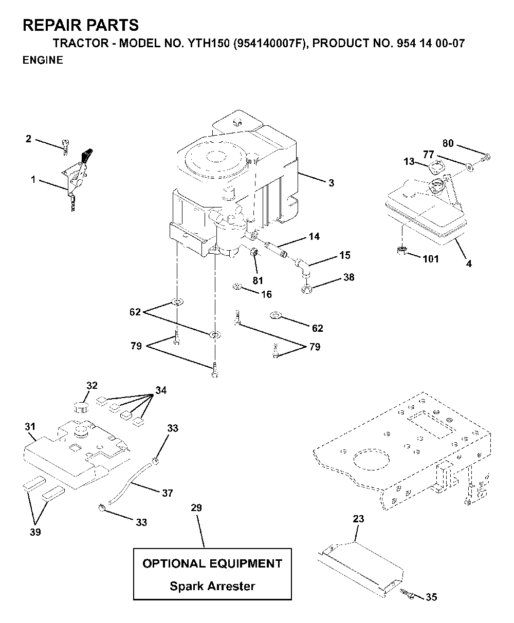 Engine Diagram and Parts List for YTH150 (954140007F, 954140007)(1998-07) Husqvarna Lawn Tractor