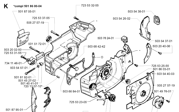 Crankcase Diagram and Parts List for 254 19980900001-19992300000 Husqvarna Chainsaw