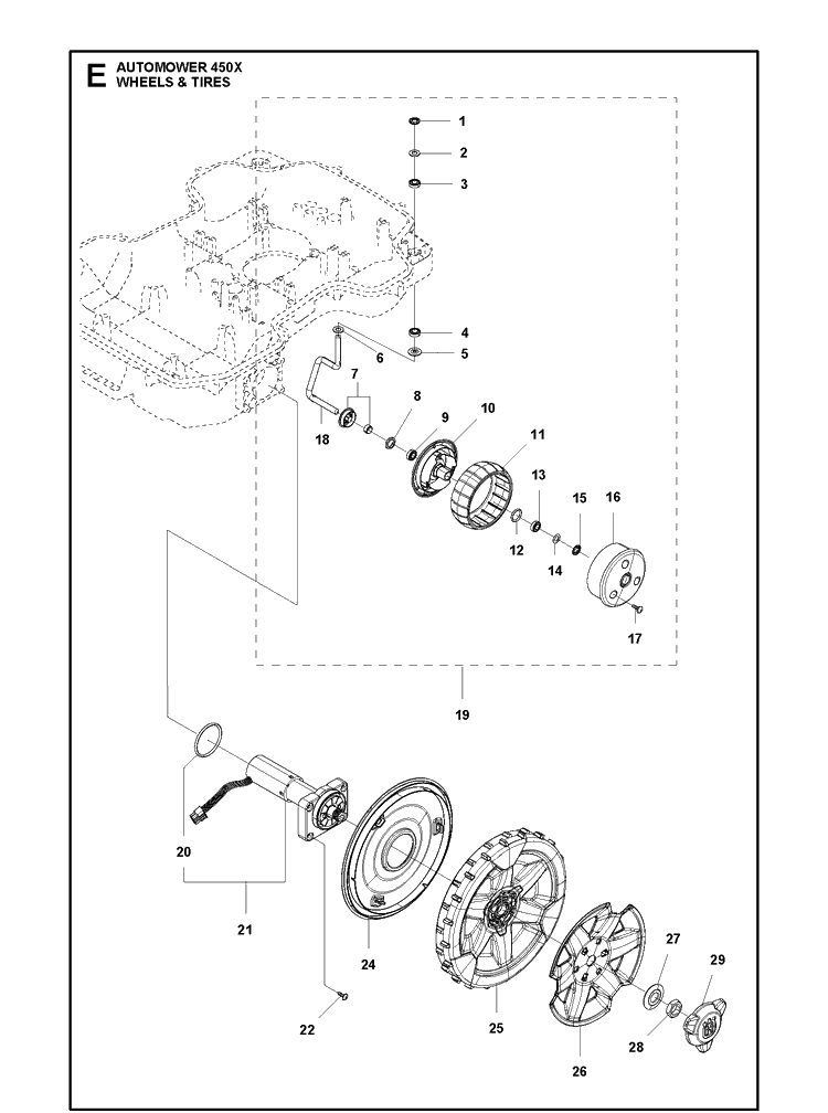 Wheels And Tires Diagram and Parts List for 450X 2020 Husqvarna Lawn Mower